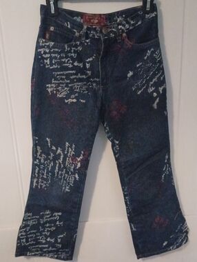 Picasso Style Jean Dark Blue Script Printed Women's Capri / Cropped Pants Size 1